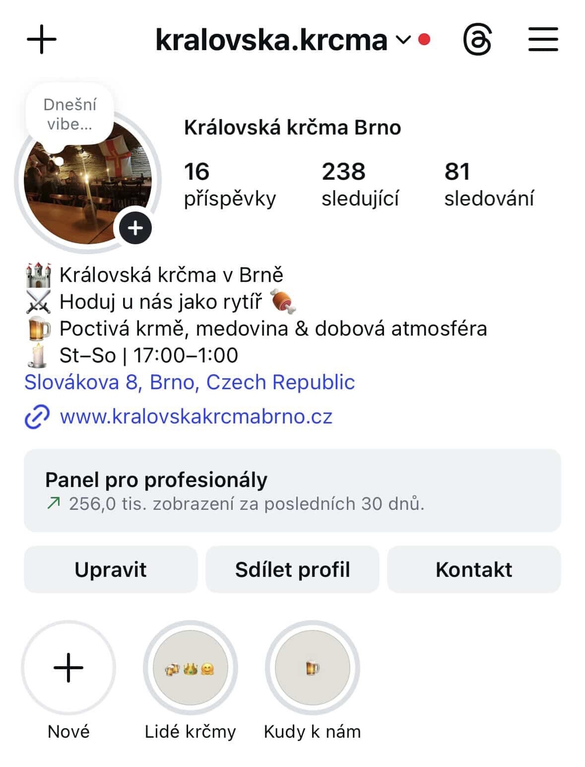 Screenshot profilu Královská krčma — 1. měsíc