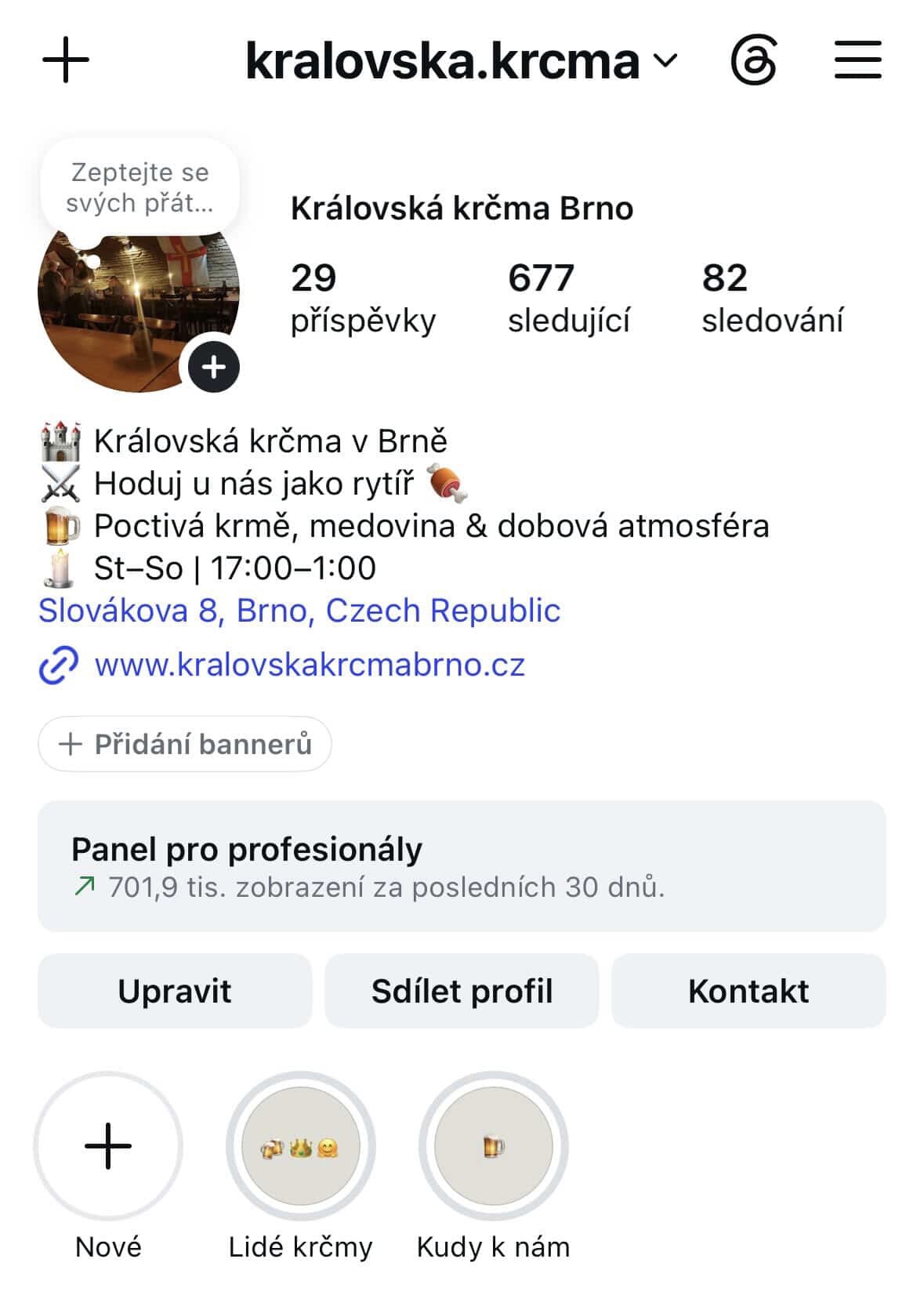 Screenshot profilu Královská krčma — 3. měsíc